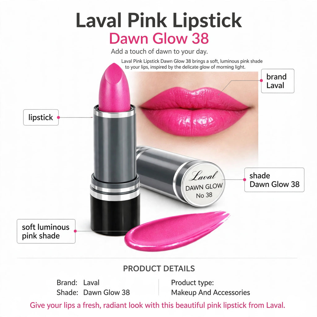 Lipstick features soft luminous pink shade Dawn Glow 38 by Laval