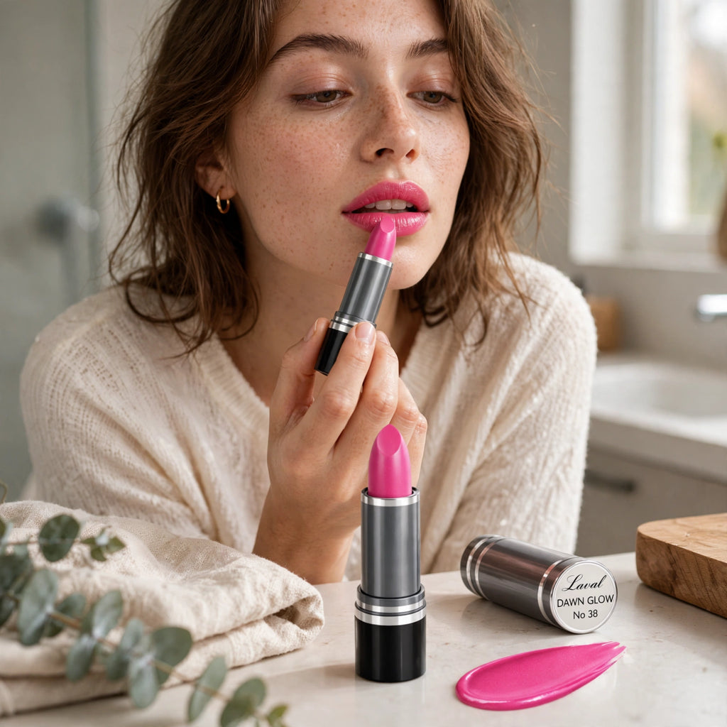 Laval Pink Lipstick Dawn Glow 38 shown as part of beauty routine