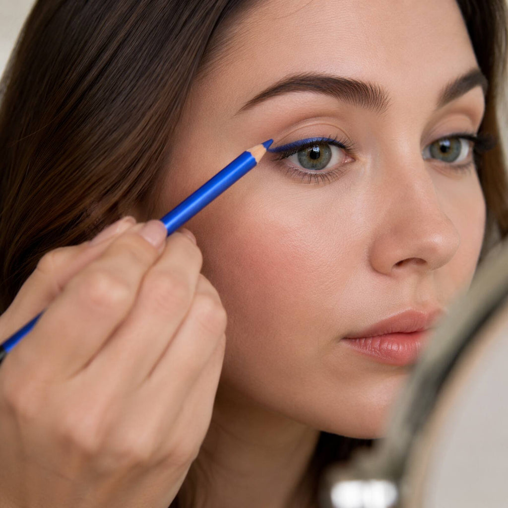 Adult applying Sapphire Blue eye colour with a Laval Pearl Eye Shader pencil