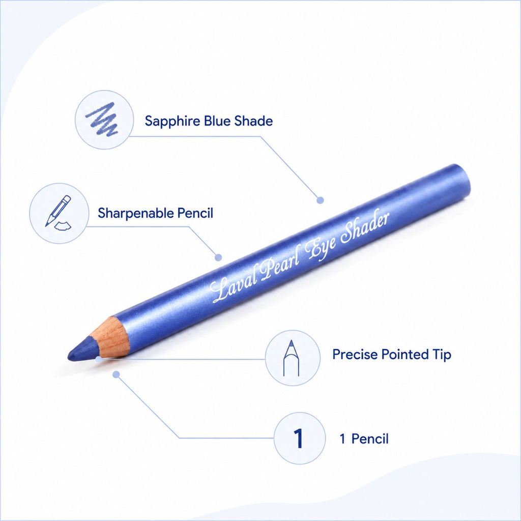 Laval Sapphire Blue eyeshadow pencil infographic showing shade, sharpenable format, precise tip and one-piece contents