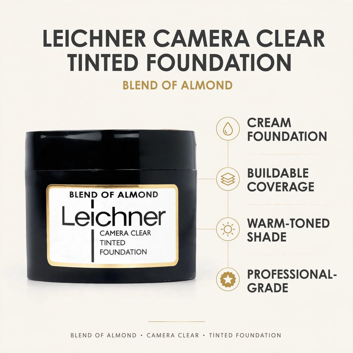 Features of Leichner Camera Clear Foundation including cream formula and buildable coverage.