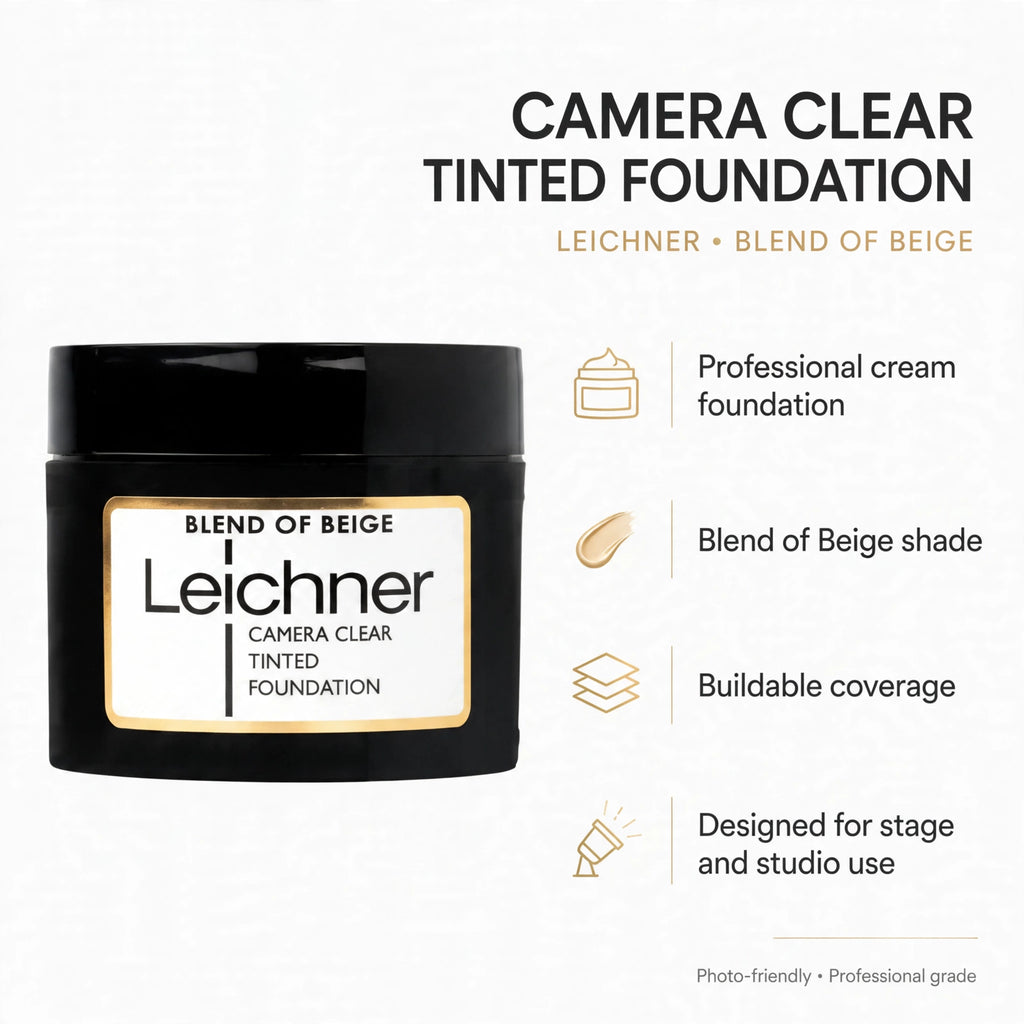 Key features of Leichner Camera Clear Foundation, including buildable coverage and suitability for HD cameras