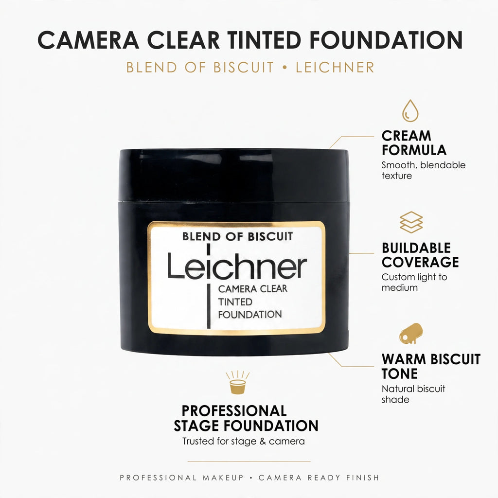 Features of Leichner Camera Clear Foundation including buildable coverage and warm biscuit shade