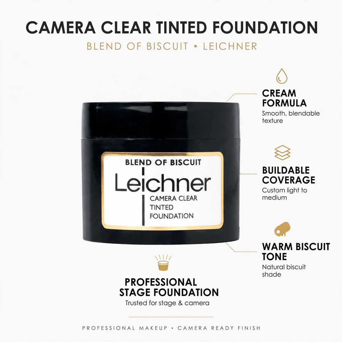 Features of Leichner Camera Clear Foundation including buildable coverage and warm biscuit shade