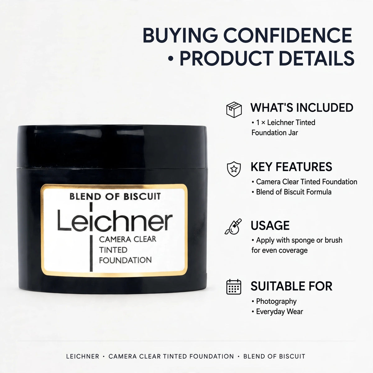 Information on Leichner Camera Clear Foundation's buildable coverage and cream formula