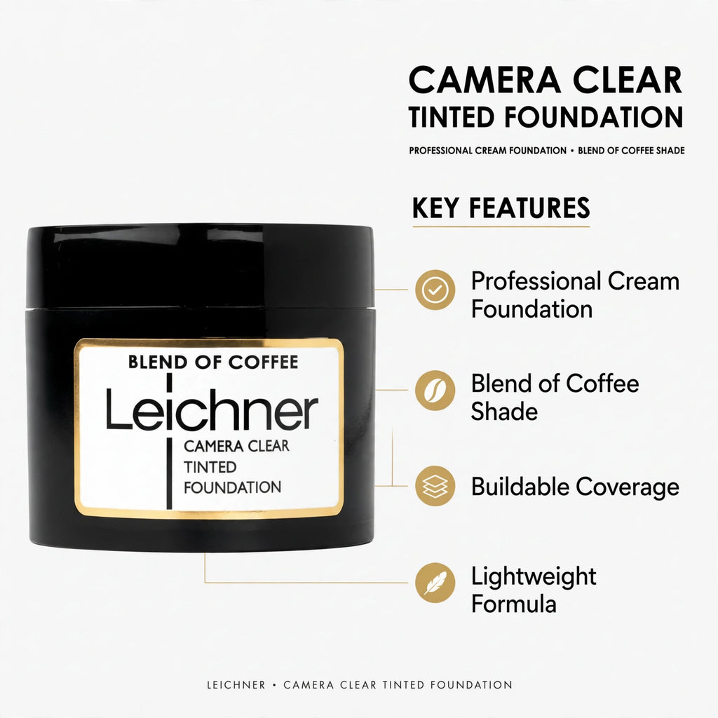 Infographic showing the features of Leichner Camera Clear Foundation, including buildable coverage and lightweight formula