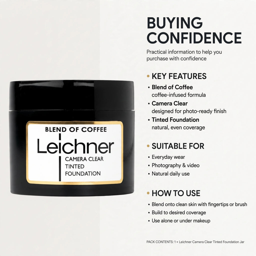 Practical information of Leichner Camera Clear Foundation highlighting professional makeup heritage and warm deep tone