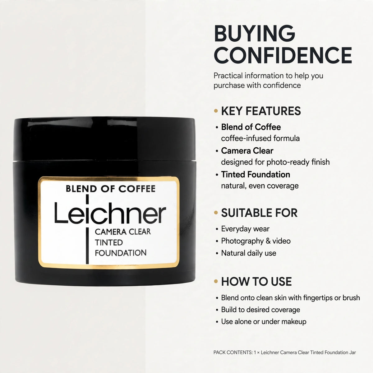 Practical information of Leichner Camera Clear Foundation highlighting professional makeup heritage and warm deep tone