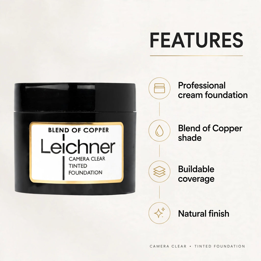 Features of Leichner Camera Clear Foundation including buildable coverage and natural finish