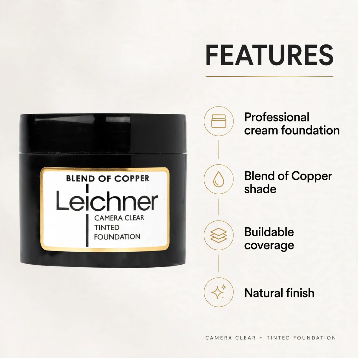 Features of Leichner Camera Clear Foundation including buildable coverage and natural finish