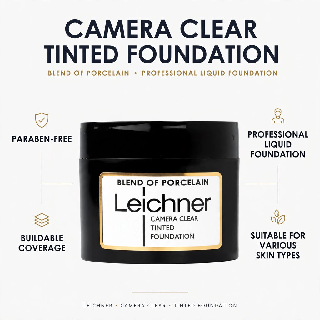 Features of Leichner Camera Clear Foundation including buildable coverage and paraben-free formula