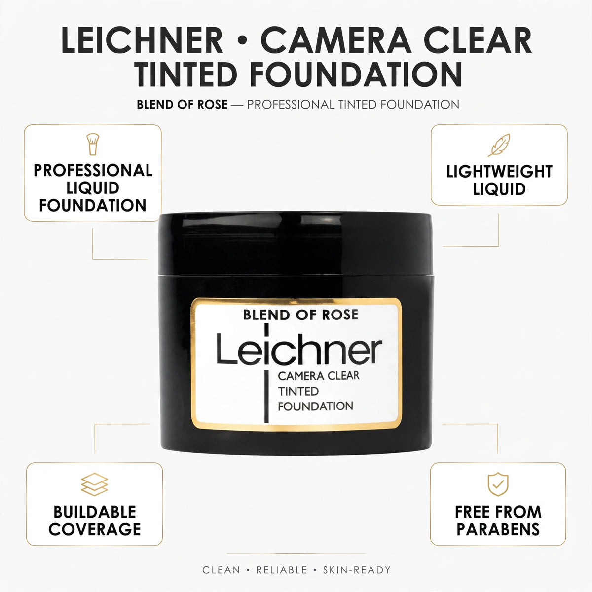 Infographic showing Leichner Camera Clear Foundation features like buildable coverage and paraben-free formula