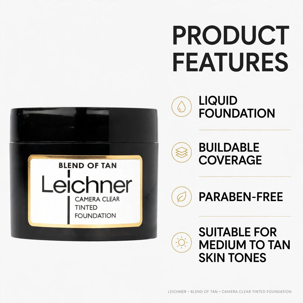 features of Leichner Camera Clear Tan Foundation including paraben-free and buildable coverage