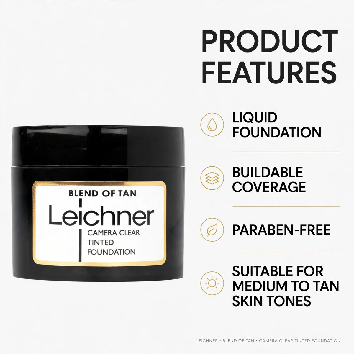 features of Leichner Camera Clear Tan Foundation including paraben-free and buildable coverage