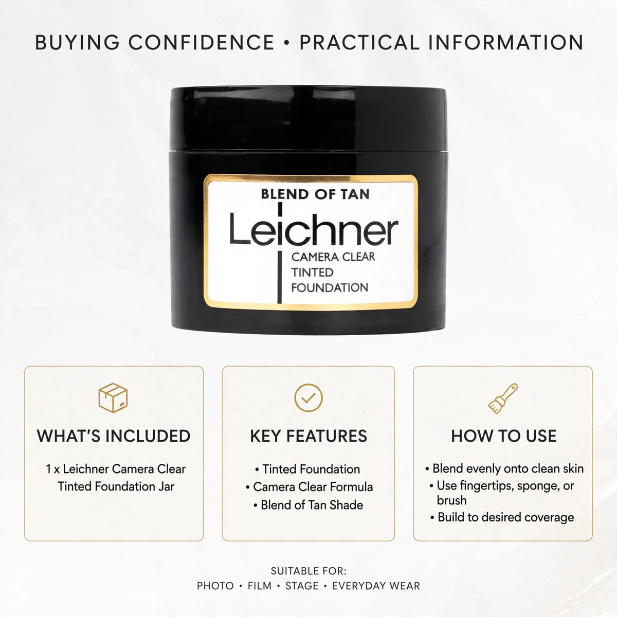 application methods for Leichner Camera Clear Tan Foundation including brush, sponge, or fingertips
