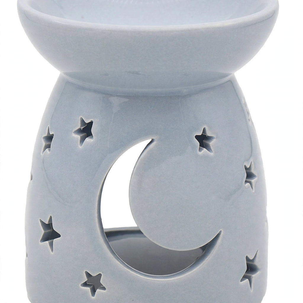 Close-up view of Leonardo Grey Ceramic Moons and Stars Wax Melt Oil Burner showing moon and stars design