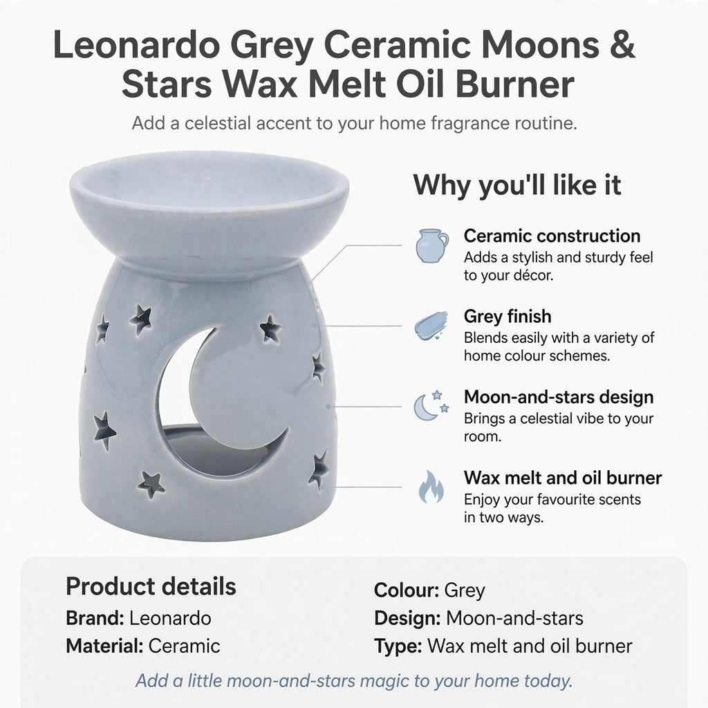 Infographic showing ceramic construction, grey finish, moon-and-stars design, and dual wax melt and oil burner function
