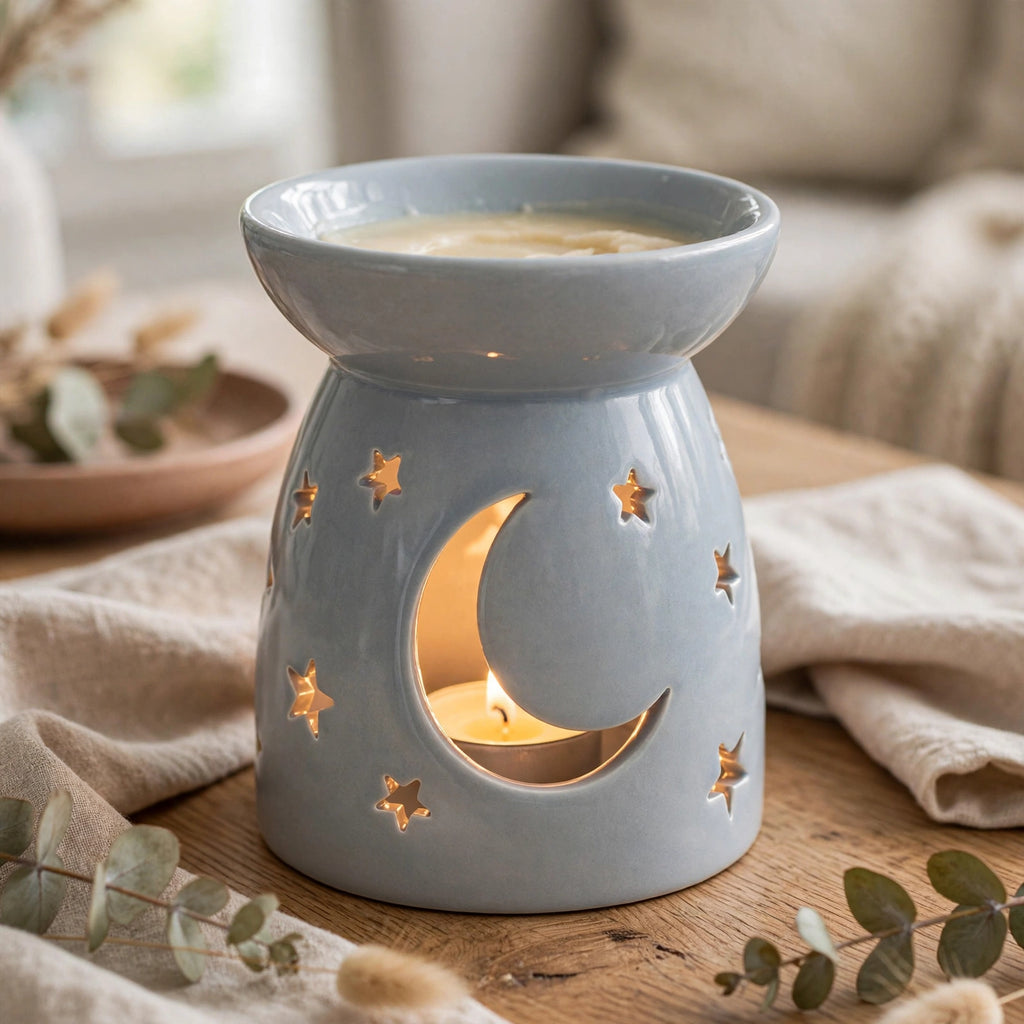 Leonardo Grey Ceramic Moons and Stars Wax Melt Oil Burner displayed in a home setting