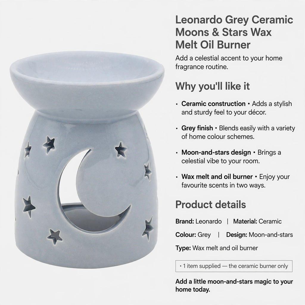 Information on ceramic material, grey colour, moon-and-stars design, and use as wax melt and oil burner