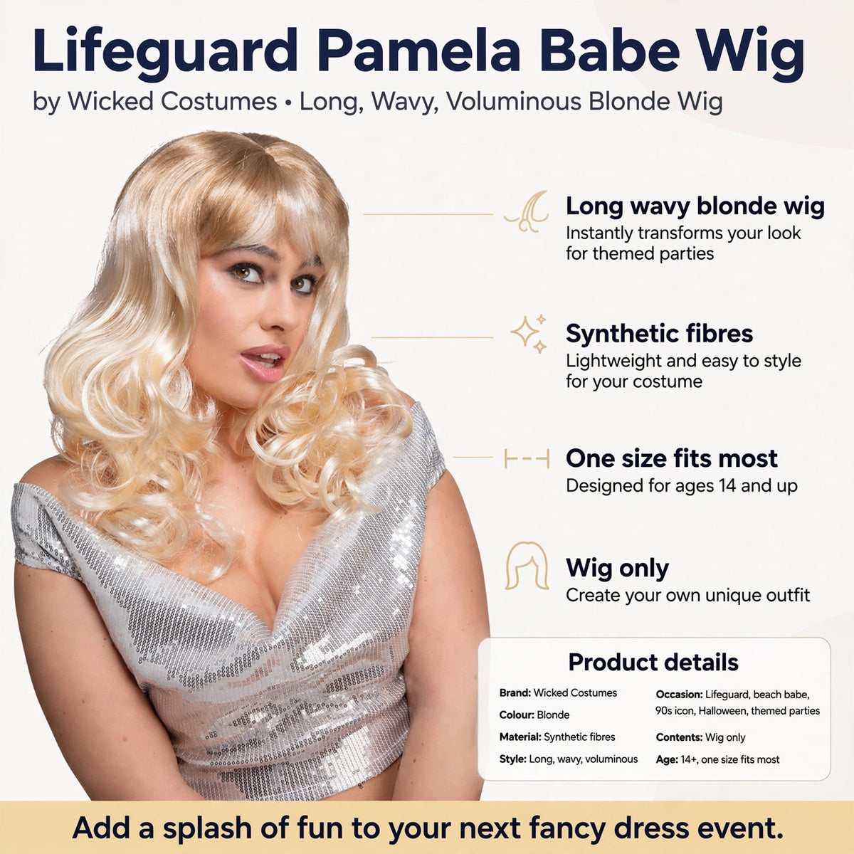 Features long wavy blonde style synthetic fibres one size fits most wig only
