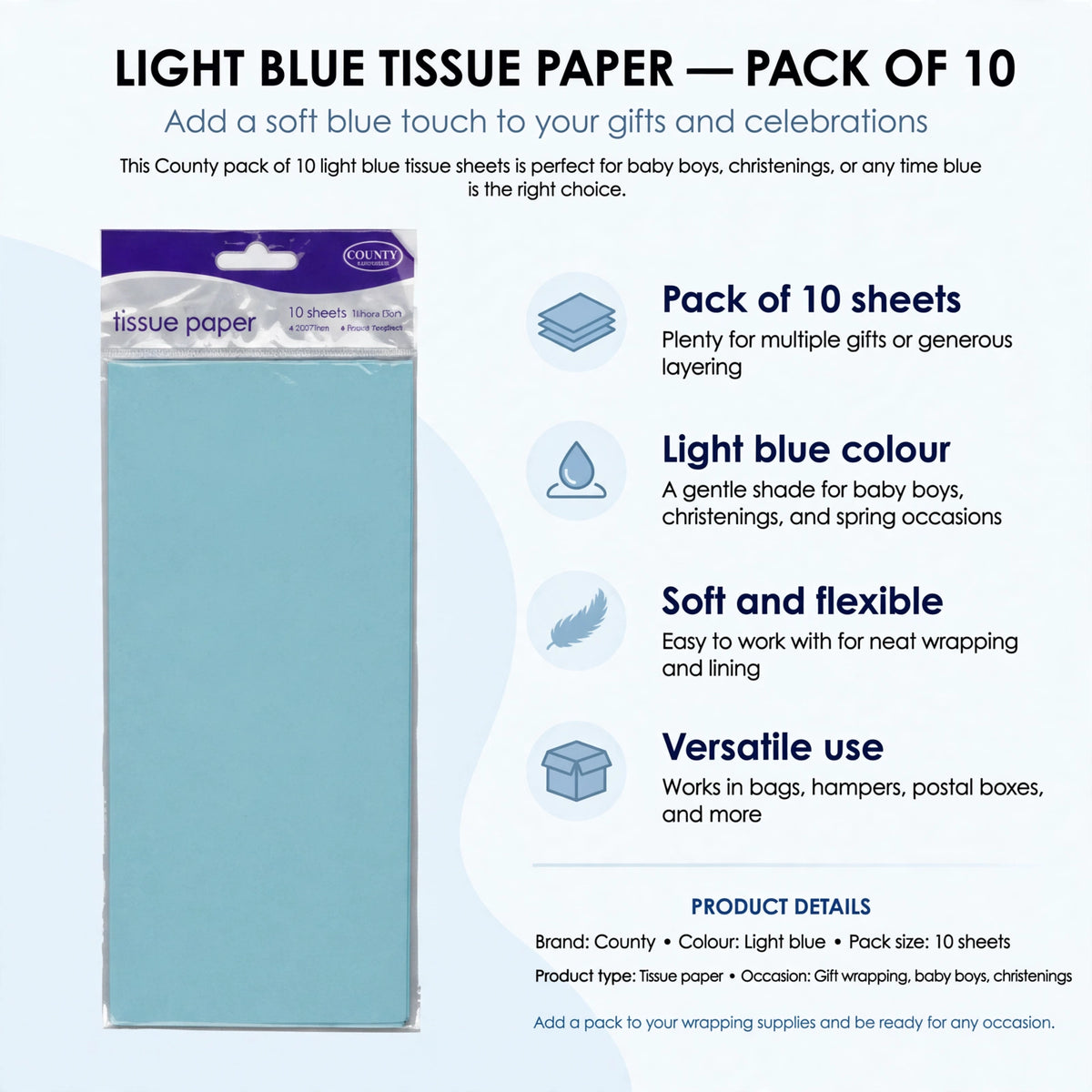 Infographic showing pack of 10 light blue tissue paper sheets with soft and flexible texture