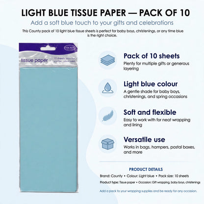 Infographic showing pack of 10 light blue tissue paper sheets with soft and flexible texture