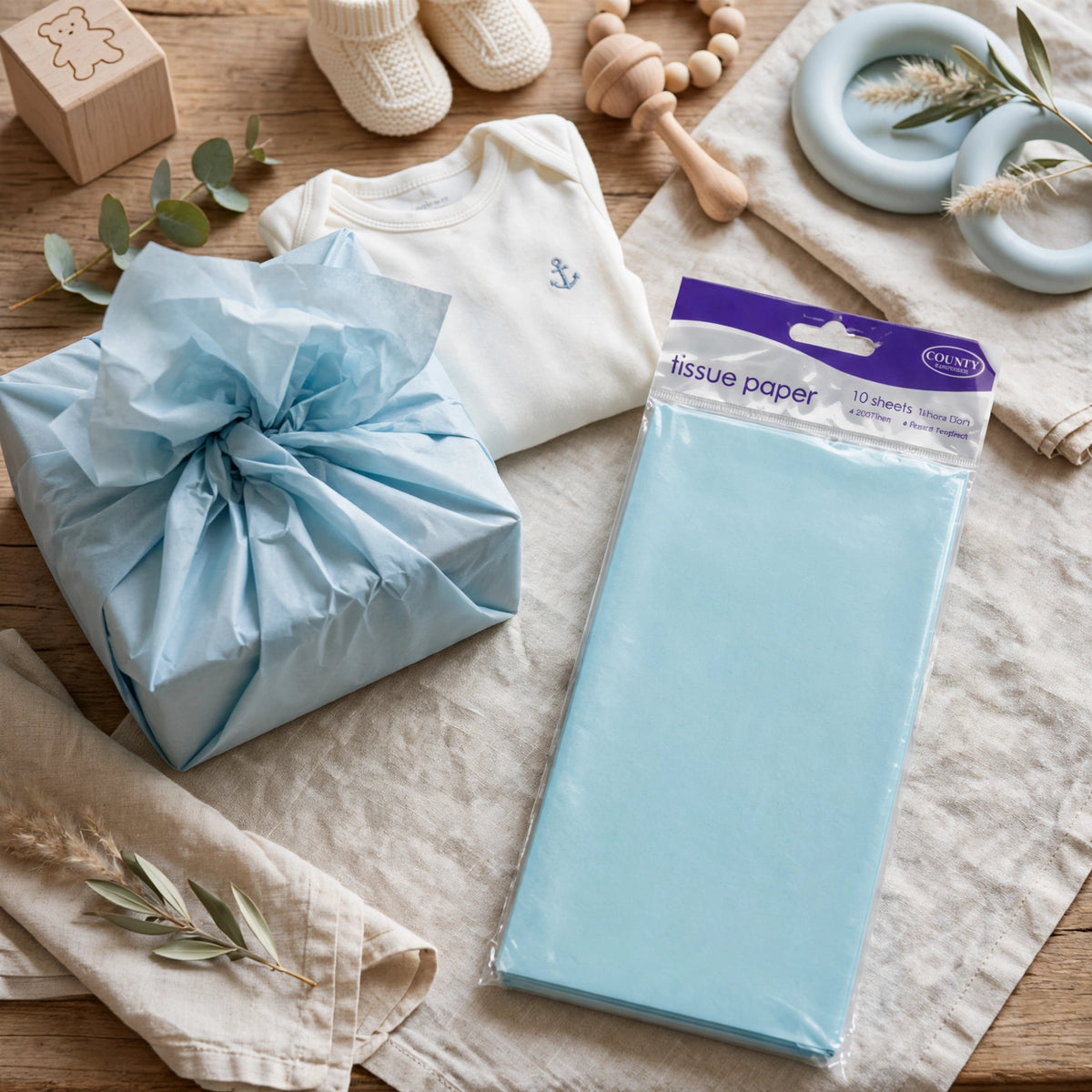 Light blue tissue paper used to line gift bags and boxes for baby boys and christening gifts