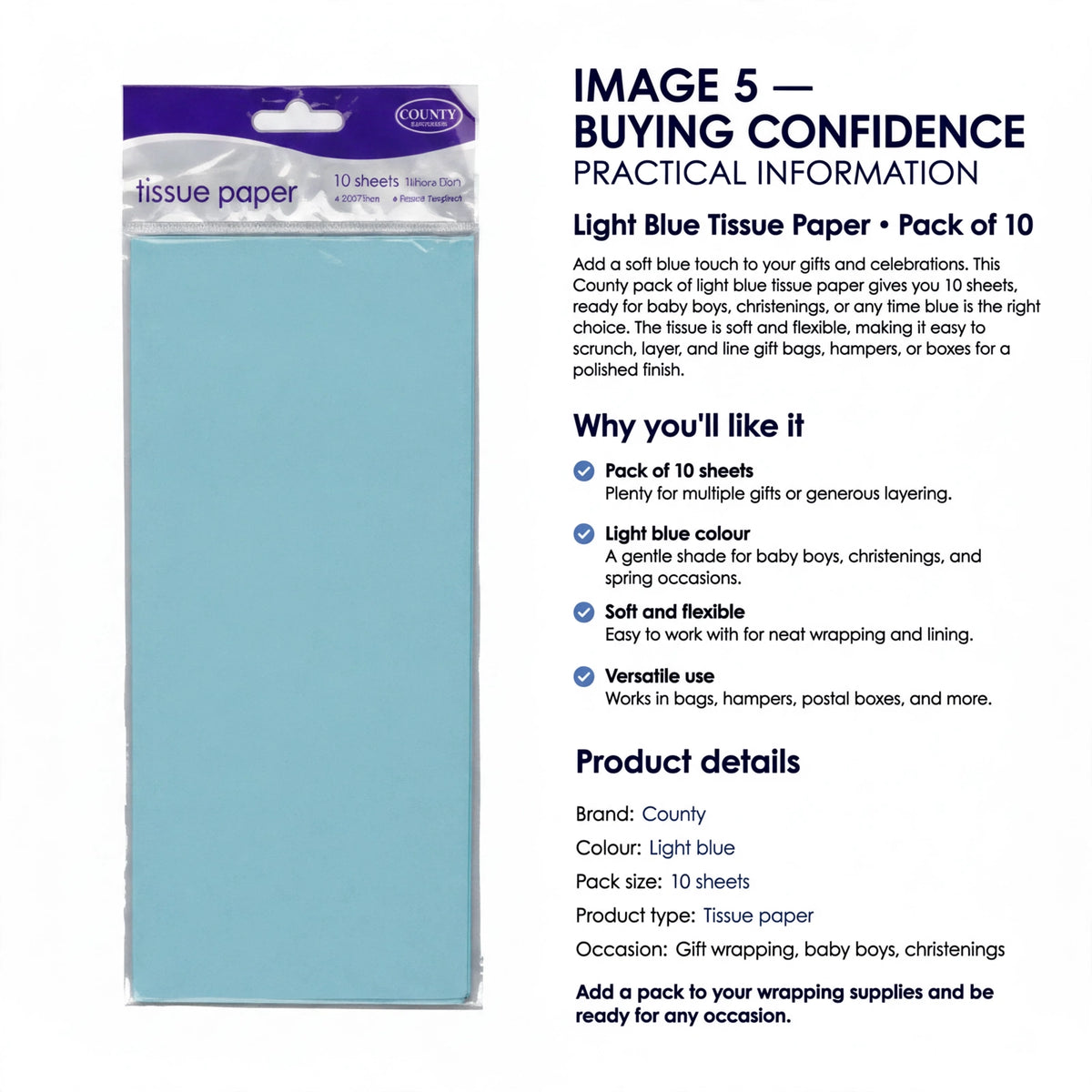 Light blue tissue paper pack suitable for gift wrapping, baby boys, and christenings