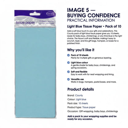 Light blue tissue paper pack suitable for gift wrapping, baby boys, and christenings
