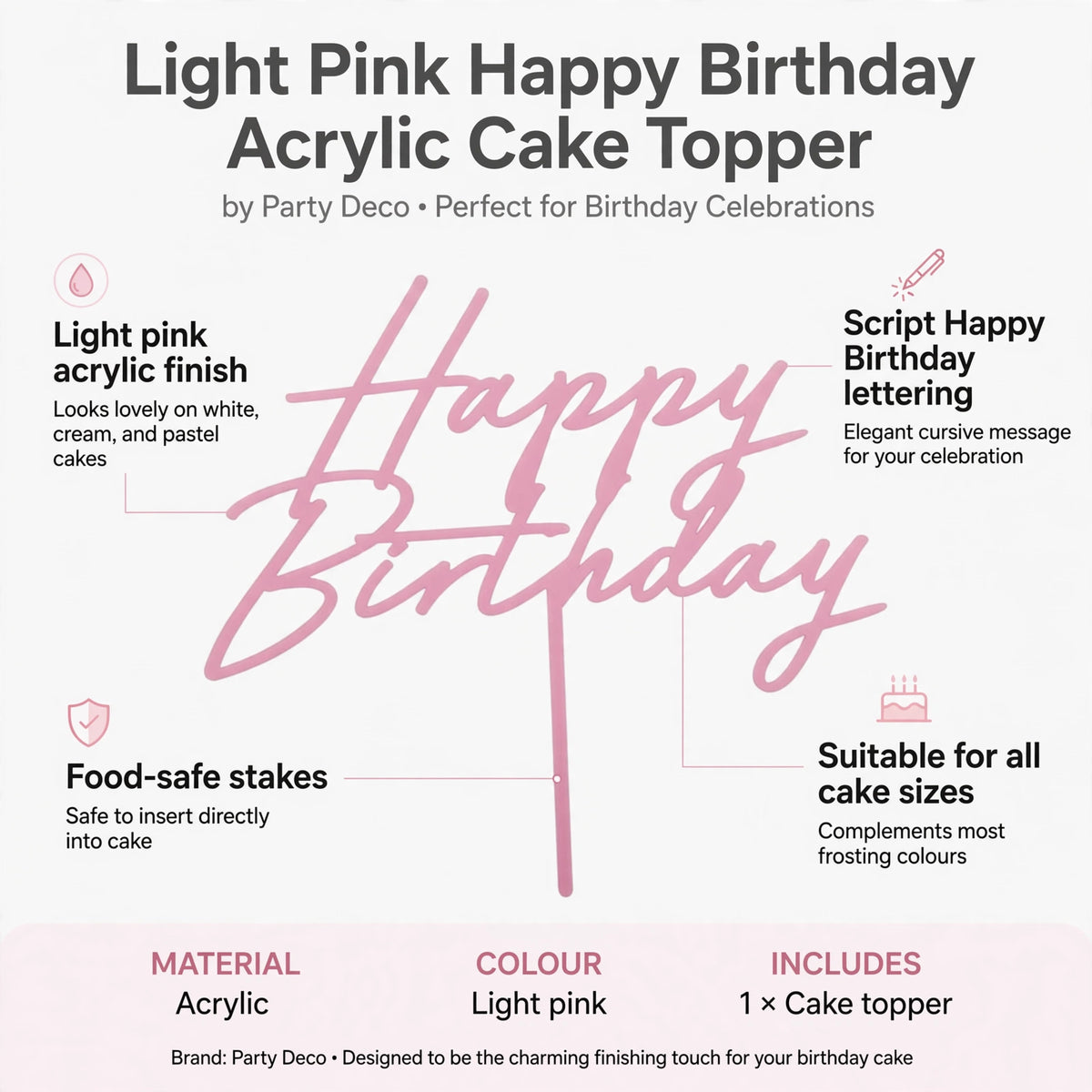 Features light pink acrylic finish, script Happy Birthday lettering, and two food-safe stakes
