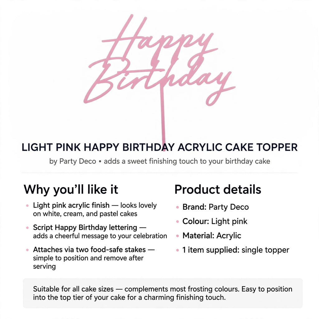 Light pink acrylic cake topper attaches with two food-safe stakes and suits all cake sizes