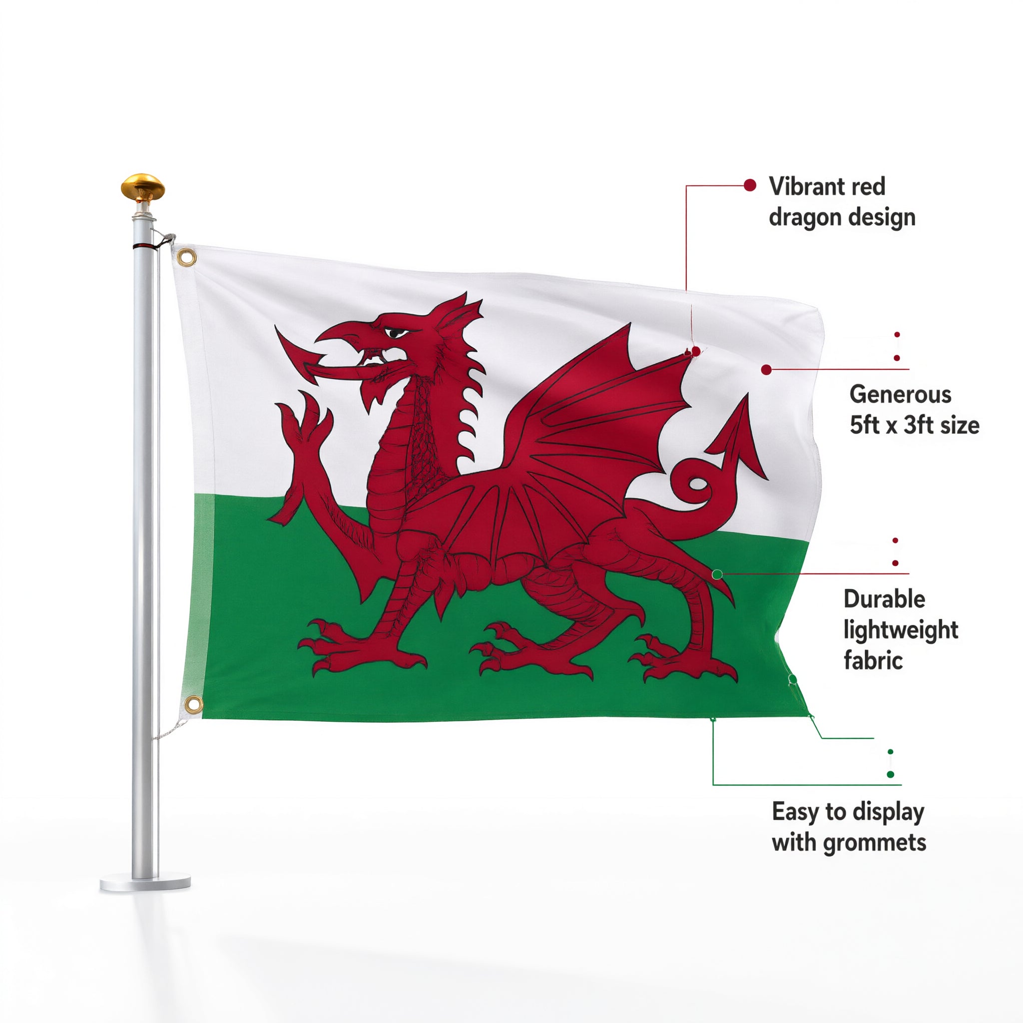 Lightweight Welsh Dragon Flag 5ft x 3ft Red-White-Green