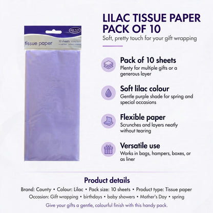 Infographic showing pack of 10 sheets, soft lilac colour, flexible paper, and versatile use