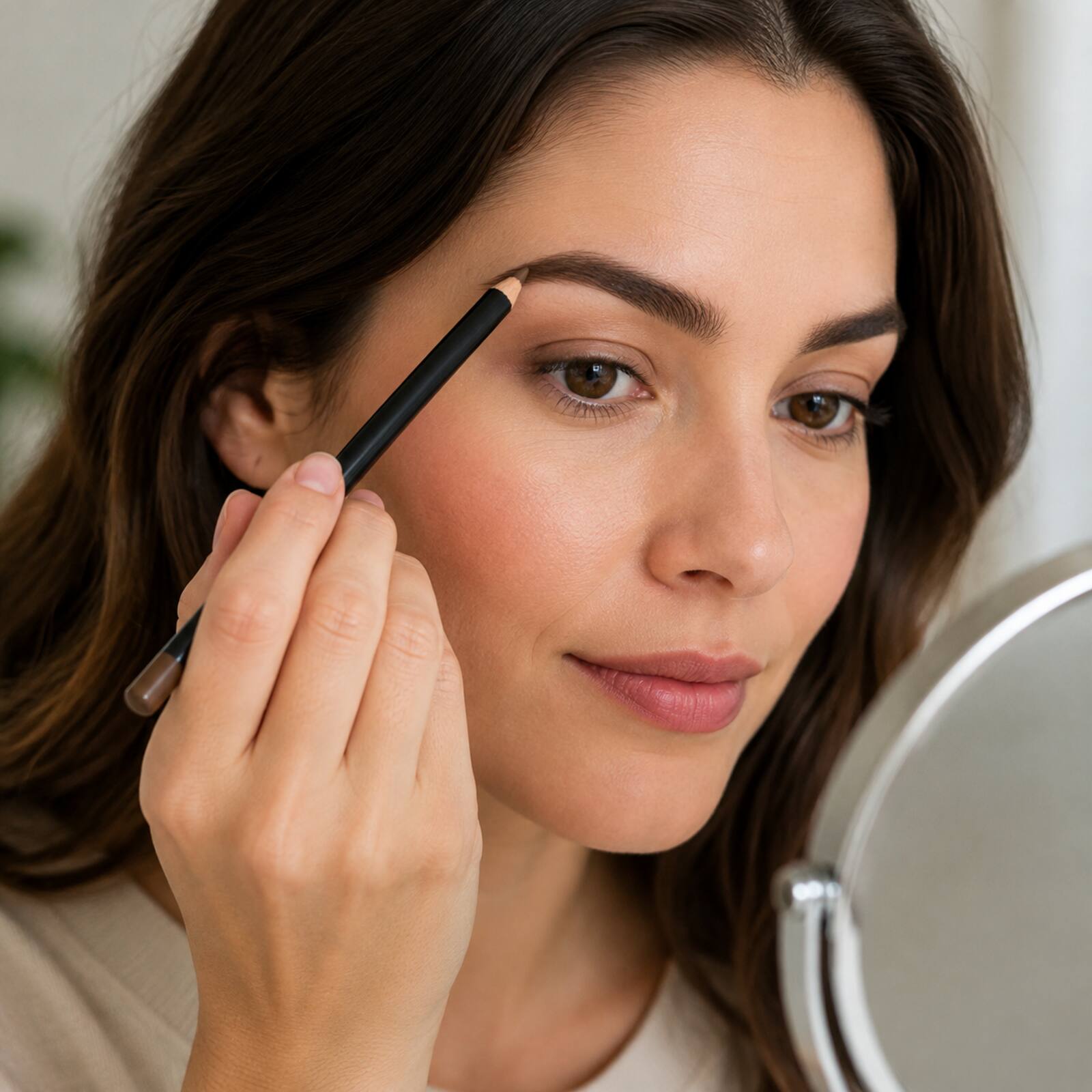 Adult applying the Lilyz Caramel Brown pencil with light controlled eyebrow strokes