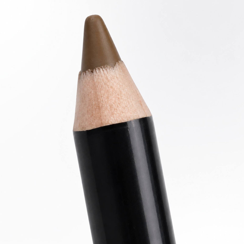 Close-up of the sharpened caramel-brown tip of the Lilyz eyebrow pencil