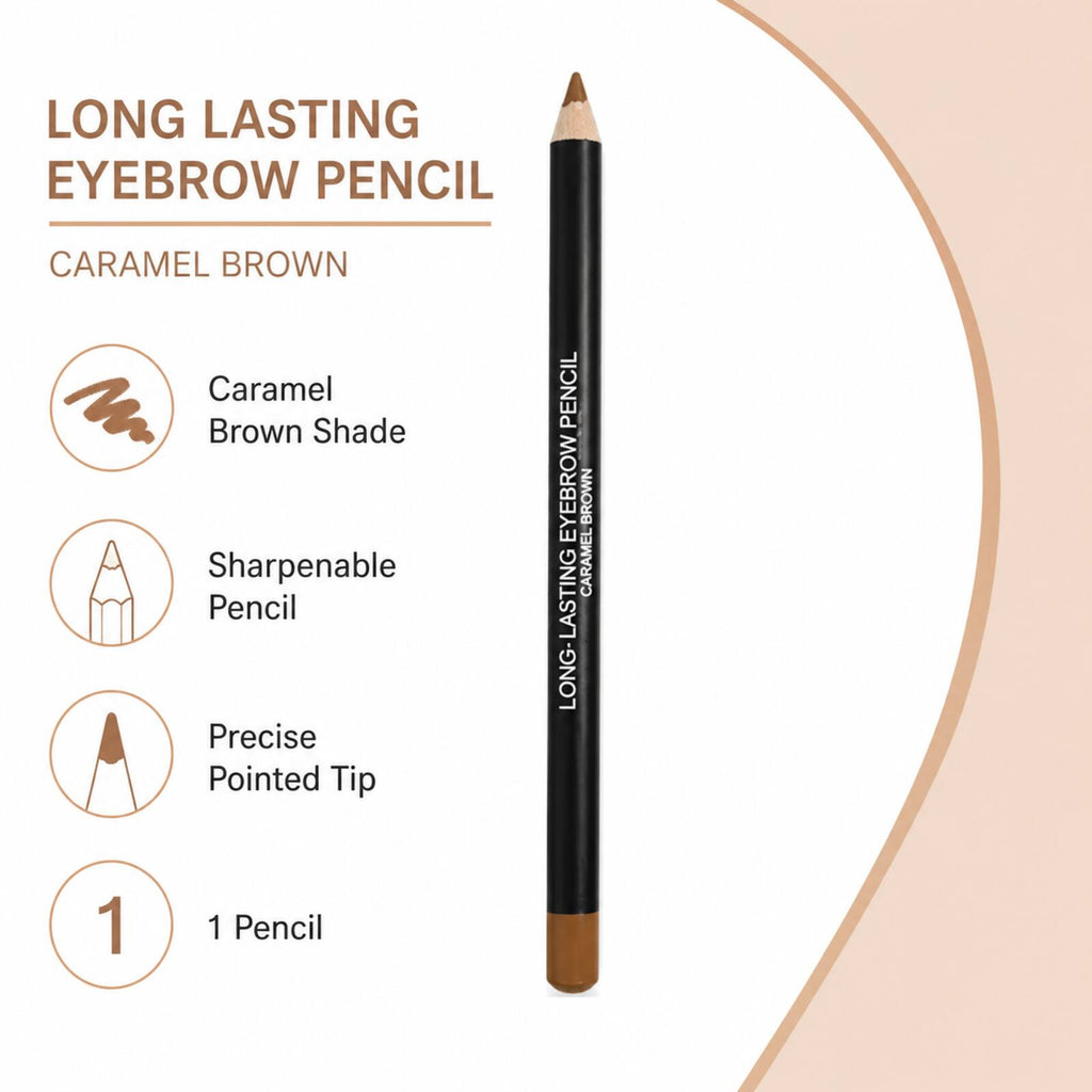 Lilyz Caramel Brown eyebrow pencil infographic showing shade, sharpenable format, precise tip and one-piece contents