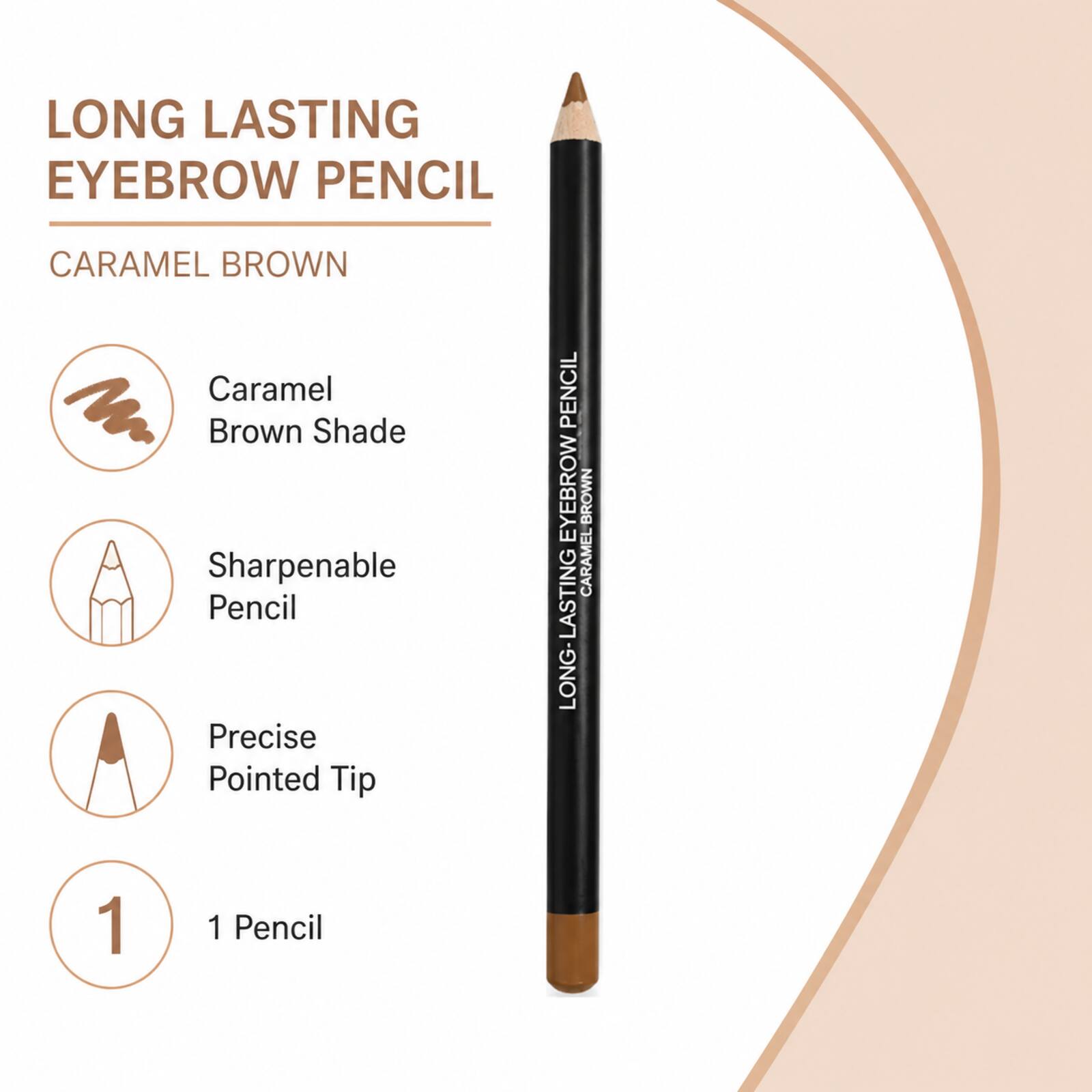 Lilyz Caramel Brown eyebrow pencil infographic showing shade, sharpenable format, precise tip and one-piece contents