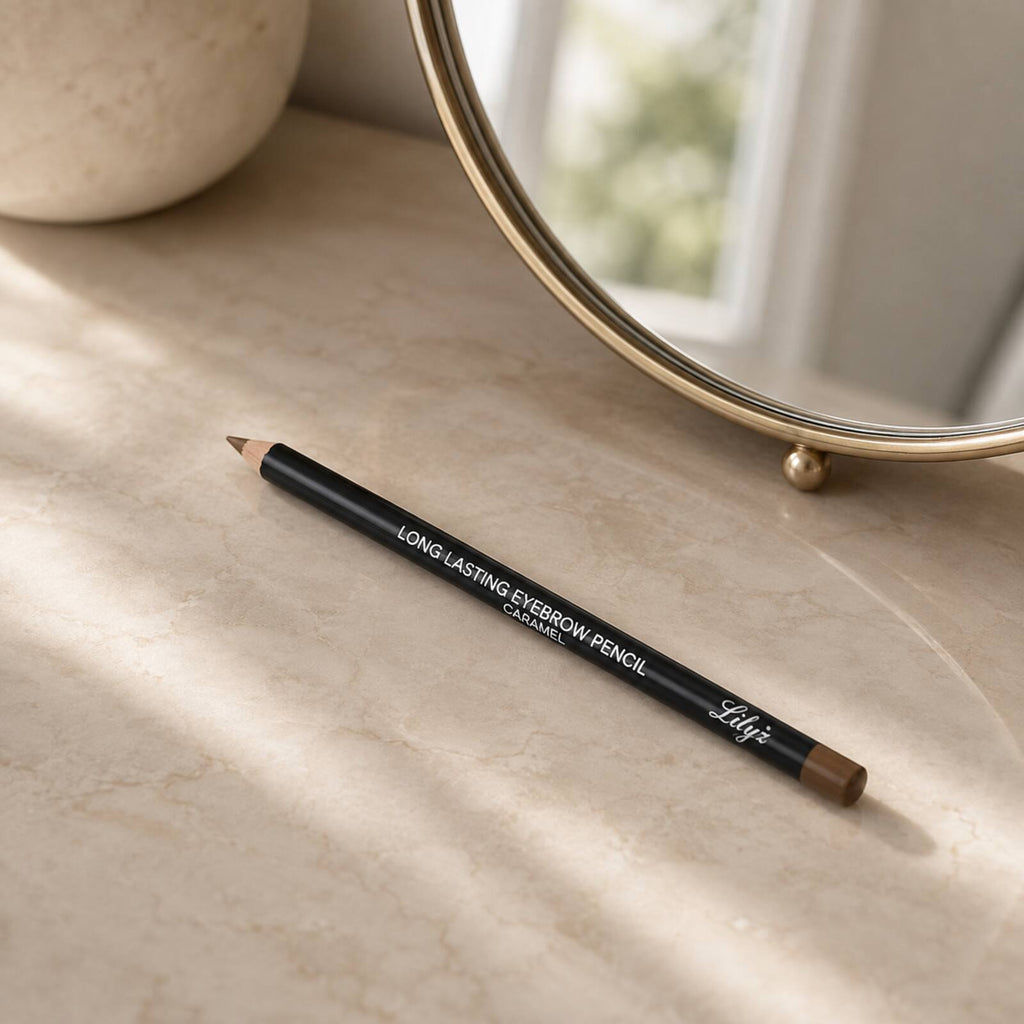 Lilyz Caramel Brown eyebrow pencil displayed on a neutral dressing table beside a mirror