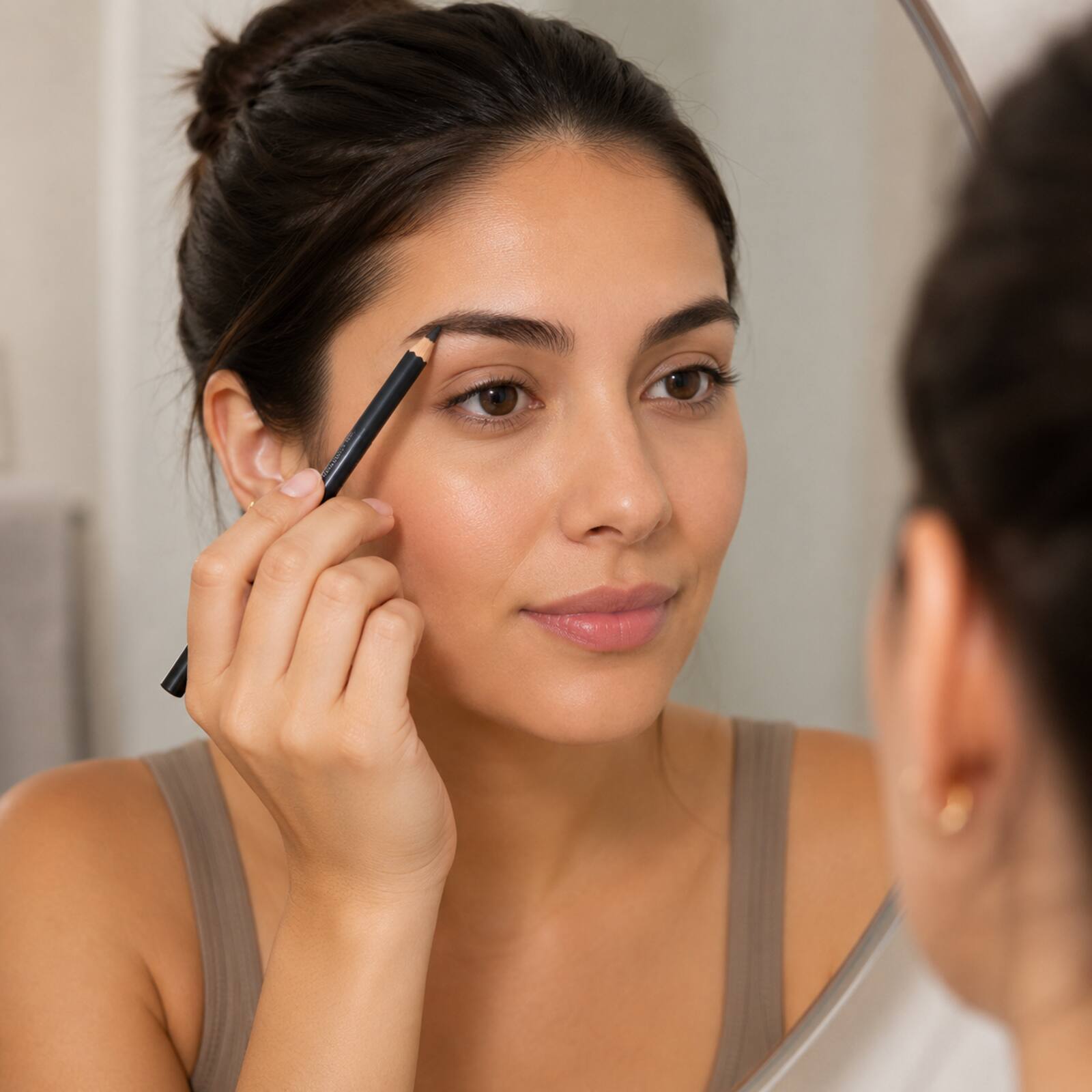 Adult applying the Lilyz Dark Brown pencil with light controlled eyebrow strokes