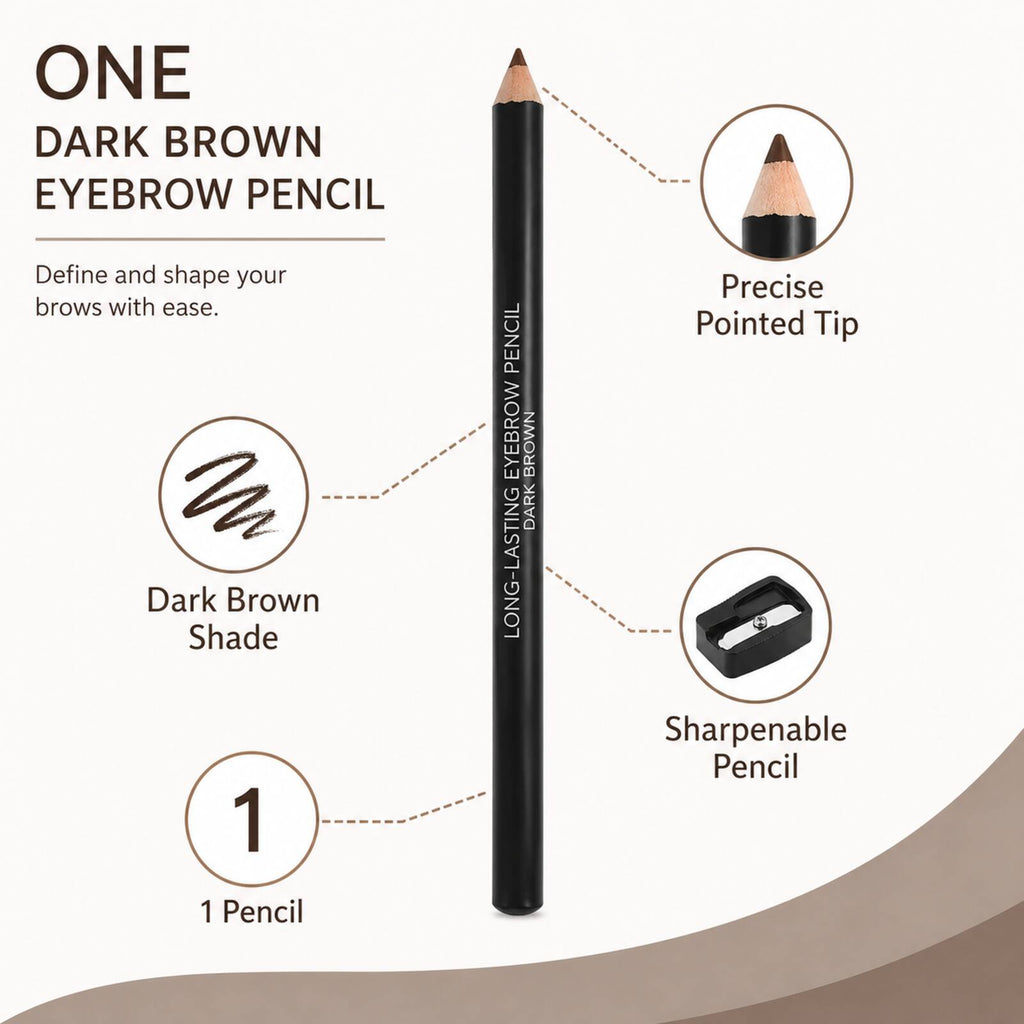 Lilyz Dark Brown eyebrow pencil infographic showing shade, sharpenable format, precise tip and one-piece contents