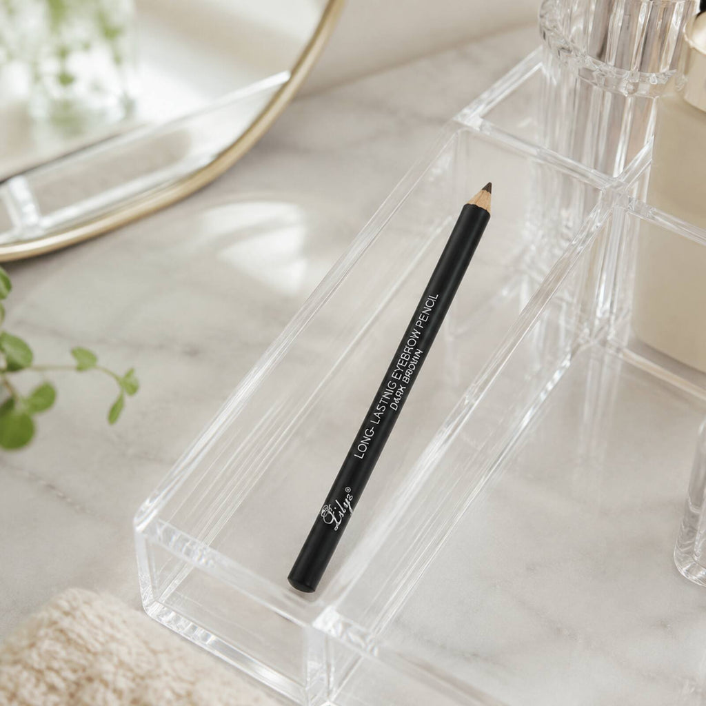 Lilyz Dark Brown eyebrow pencil stored in a clear makeup organiser