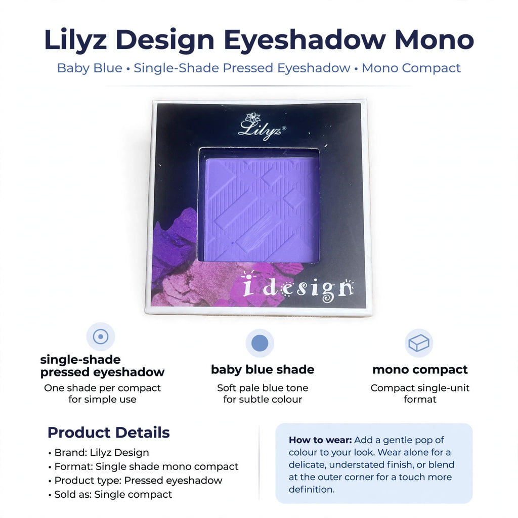 infographic showing single-shade pressed eyeshadow in baby blue mono compact