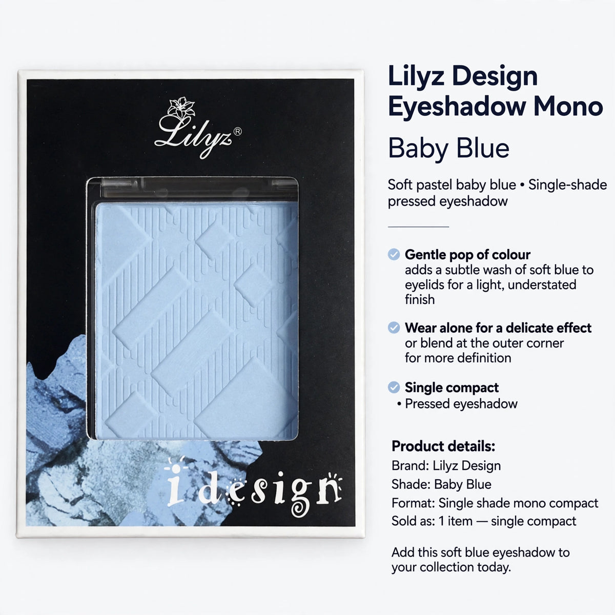 pressed eyeshadow in a single compact with baby blue shade