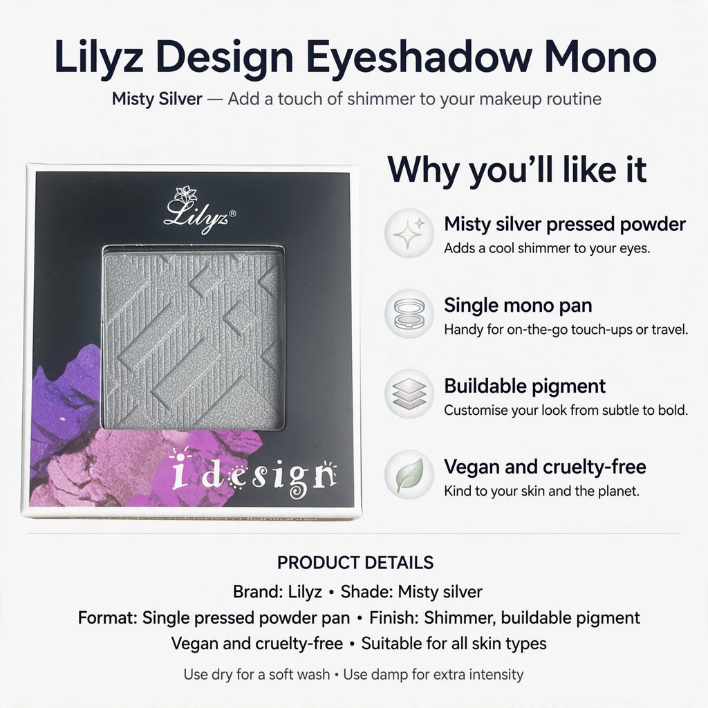 Infographic showing misty silver pressed powder, single mono pan, buildable pigment, vegan and cruelty-free