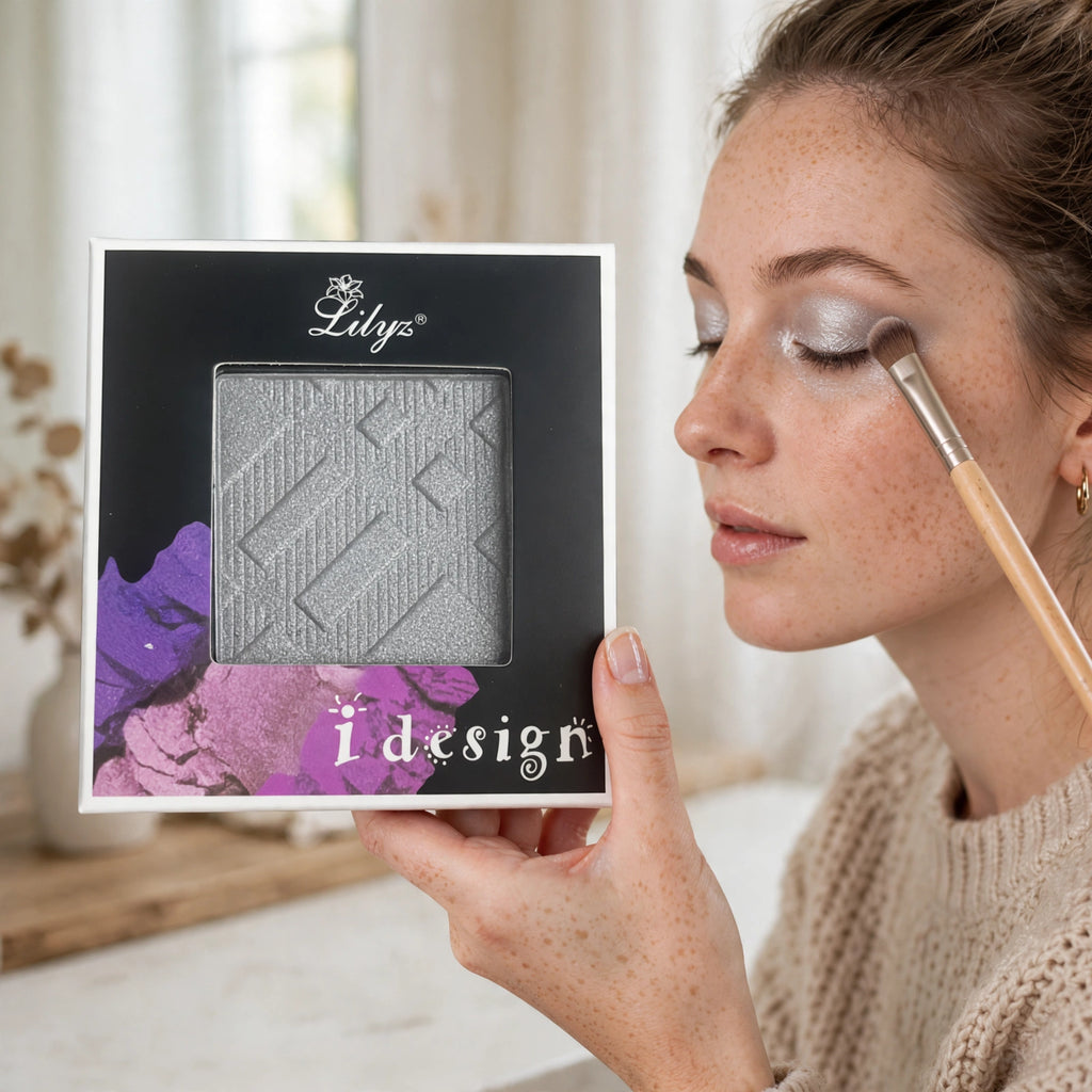 Lilyz Design Eyeshadow Mono Misty Silver applied on eyelids for a shimmer effect