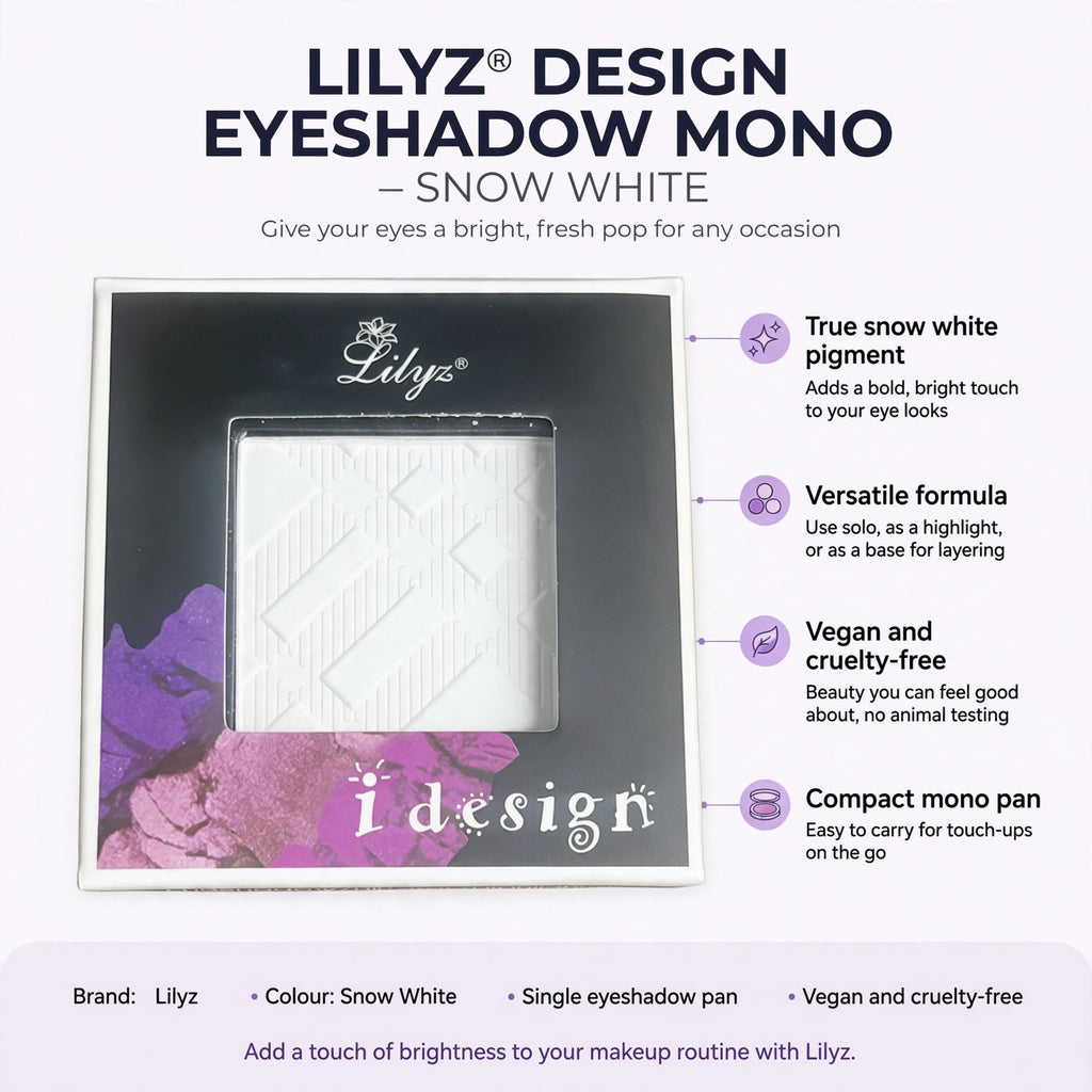 Infographic showing true snow white pigment, versatile formula, vegan and cruelty-free, compact mono pan