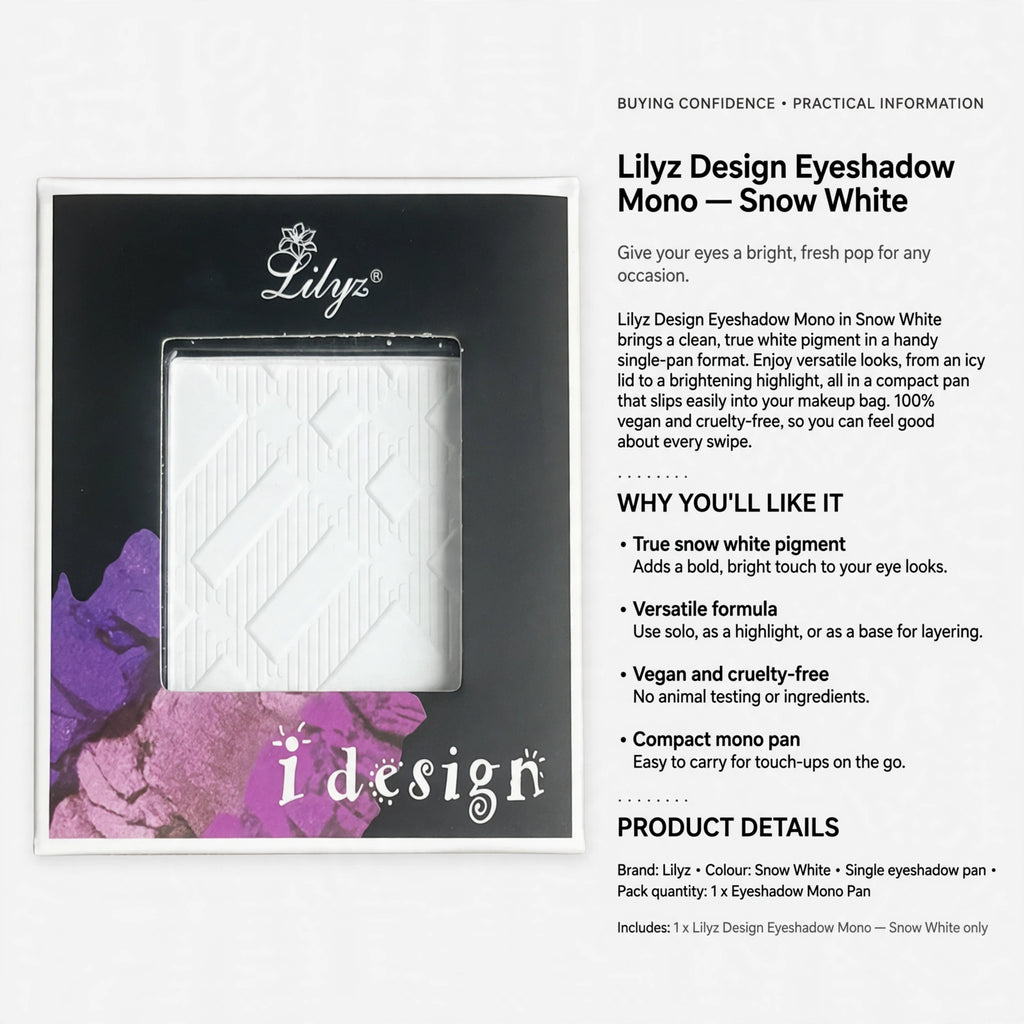 Lilyz Design Eyeshadow Mono Snow White is vegan and cruelty-free with a compact pan for easy carrying
