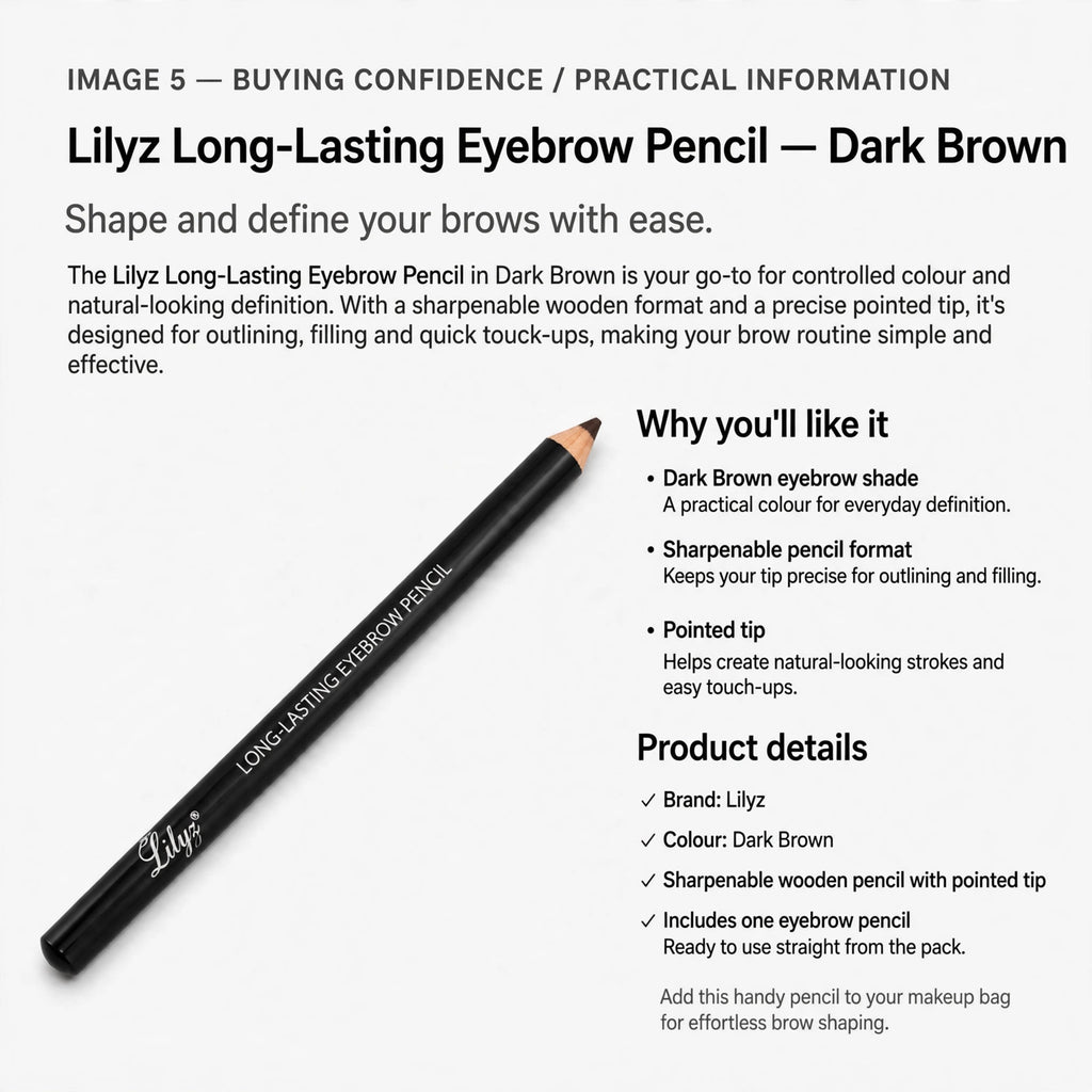 Lilyz eyebrow pencil designed for outlining, filling, and quick touch-ups with controlled colour