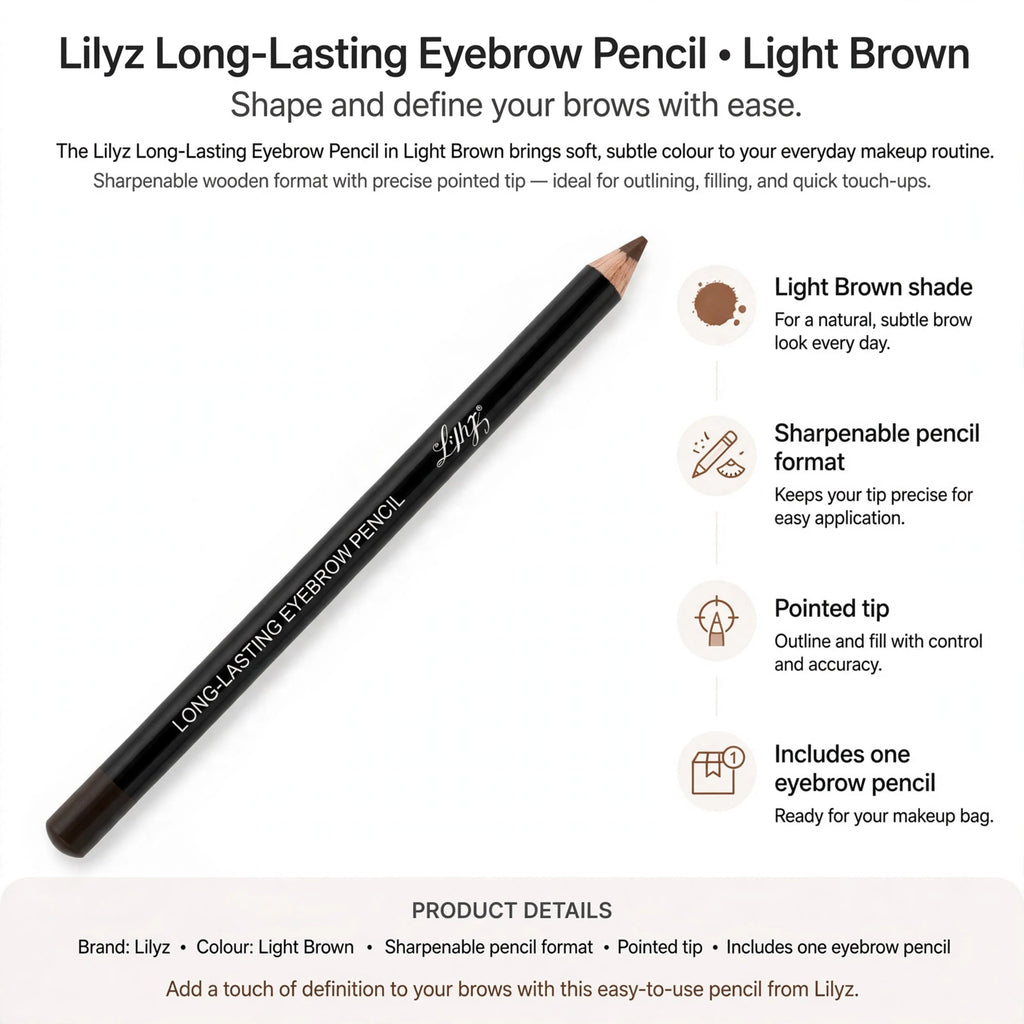 Infographic showing Light Brown shade, sharpenable pencil format, and pointed tip features