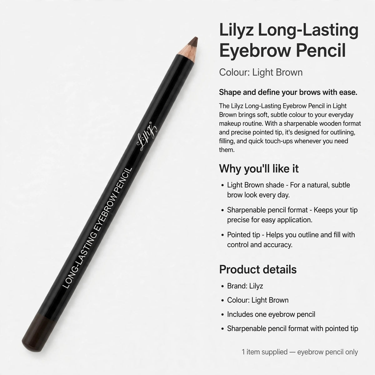 Lilyz eyebrow pencil designed for outlining, filling, and quick touch-ups